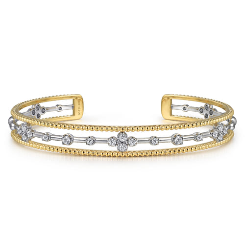 14K White and Yellow Gold Bujukan Beaded Diamond Cuff Bangle Bracelet (.39 CTW)