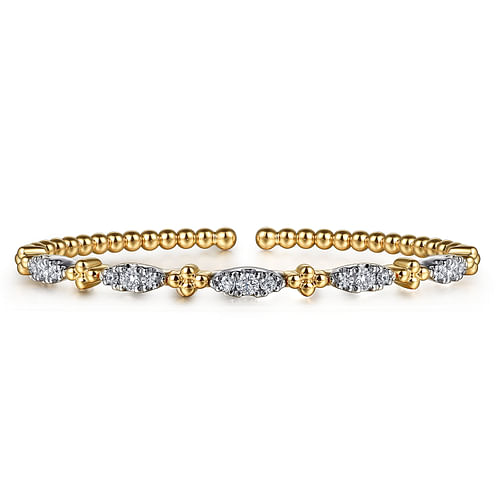 14K White & Yellow Gold Bujukan Beads and Diamond Station Split Bangle Bracelet