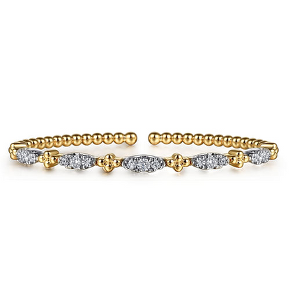 14K White & Yellow Gold Bujukan Beads and Diamond Station Split Bangle Bracelet