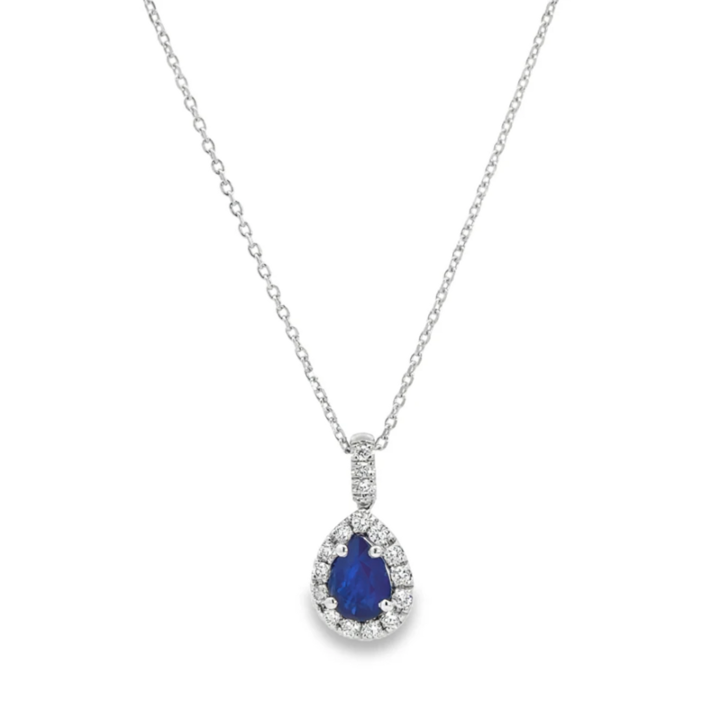 14K White Gold Diamond Halo Sapphire Pendant - 1.50 Carats