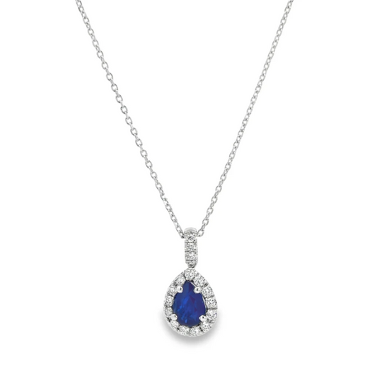 14K White Gold Diamond Halo Sapphire Pendant - 1.50 Carats