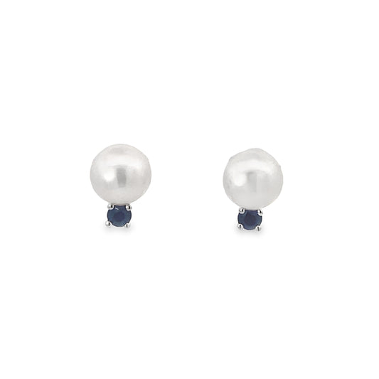 Classic Akoya Cultured Pearl Earrings with Sapphire Accent