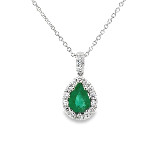Diamond Halo and Emerald Pear Shaped Pendant Necklace