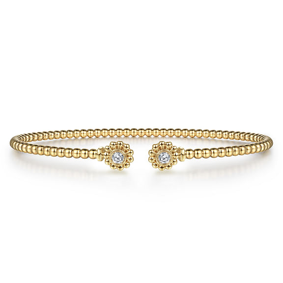 14K Yellow Gold Bujukan Split Cuff Bracelet with Diamond Flower Caps