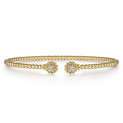 14K Yellow Gold Bujukan Split Cuff Bracelet with Diamond Flower Caps