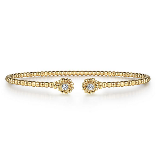 14K Yellow Gold Bujukan Split Cuff Bracelet with Diamond Flower Caps