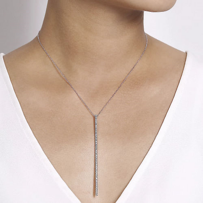 14K White Gold Long Diamond Bar Pendant Necklace