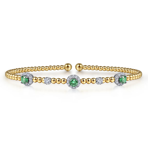 14K White-Yellow Gold Bujukan Bead Cuff Bracelet with Emerald and Diamond Halo Stations