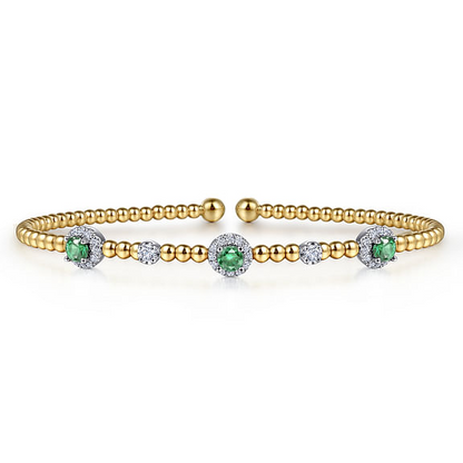 14K White-Yellow Gold Bujukan Bead Cuff Bracelet with Emerald and Diamond Halo Stations