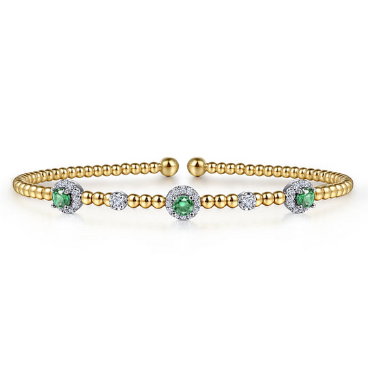 14K White-Yellow Gold Bujukan Bead Cuff Bracelet with Emerald and Diamond Halo Stations