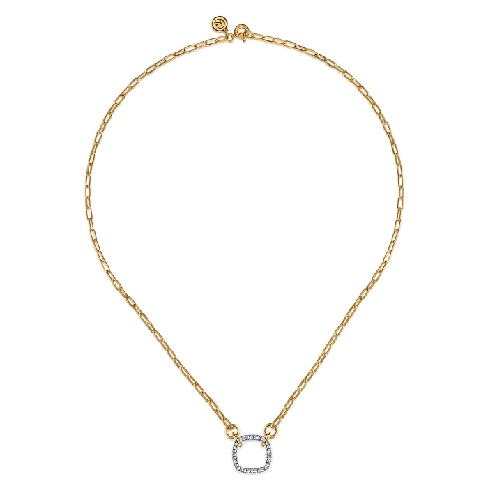 14K White Yellow Gold Open Cushion Shape Diamond Hollow Paperclip Chain Necklace