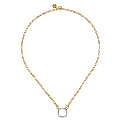 14K White Yellow Gold Open Cushion Shape Diamond Hollow Paperclip Chain Necklace