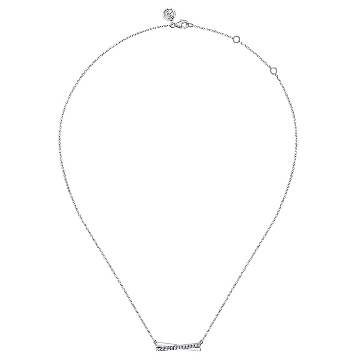 925 Sterling Silver White Sapphire and White Enamel Criss Cross Bar Necklace