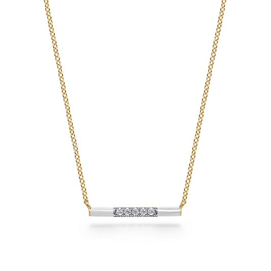 Enamel - 14K Yellow Gold Diamond Bar Necklace with White Enamel