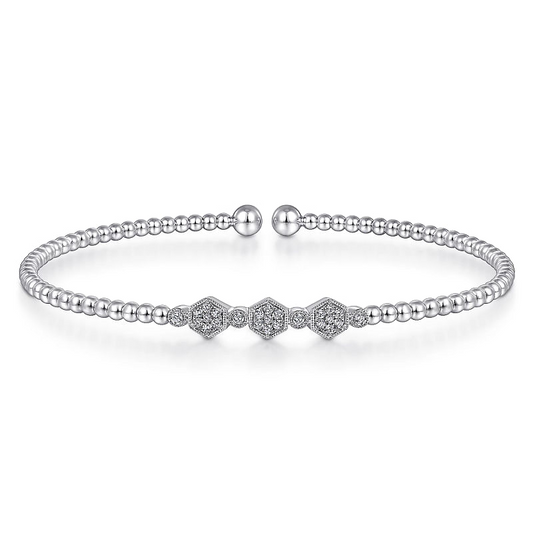 14K White Gold Bujukan Bead and Hexagon Cluster Diamond Bangle