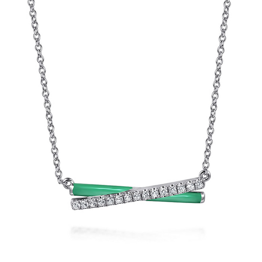 925 Sterling Silver White Sapphire and Mint Cockatoo Enamel Criss Cross Bar Necklace