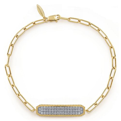 14K Yellow Gold Diamond Pave Wide Bar Hollow Chain Bracelet