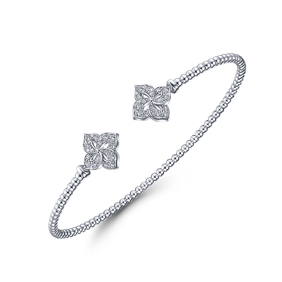 14K White Gold Bujukan Split Cuff Bracelet with Diamond Flower Caps