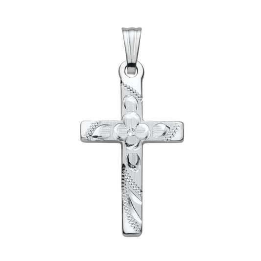 14K White Gold Engraved Cross