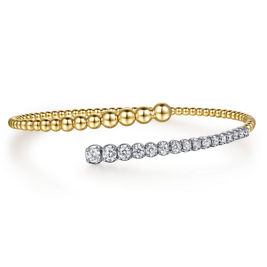 14K White and Yellow Gold Bujukan and Graduating Diamond Bypass Bangle Bracelet