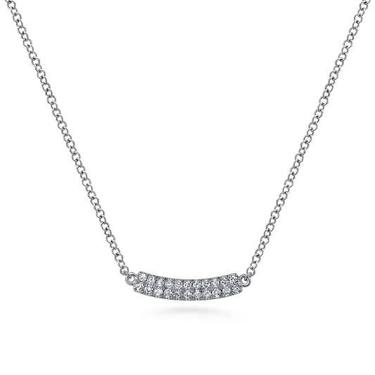 14K White Gold Curved Pave Diamond Bar Necklace