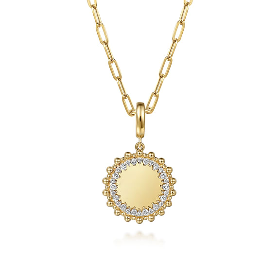 14K Yellow Gold Bujukan Diamond Round Shape Personalize Medallion Pendant
