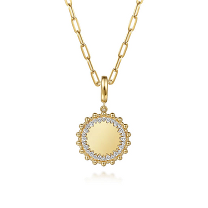 14K Yellow Gold Bujukan Diamond Round Shape Personalize Medallion Pendant