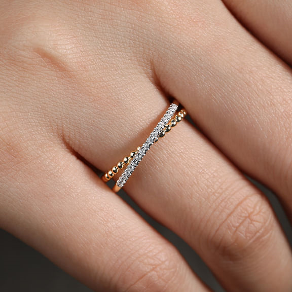 14K Yellow Gold Bujukan Pave Diamond Criss Cross Stackable Ring