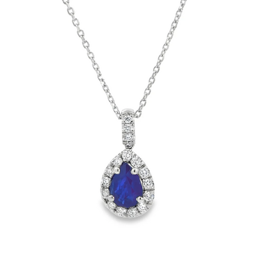 14K White Gold Diamond Halo Sapphire Pendant - 1.50 Carats