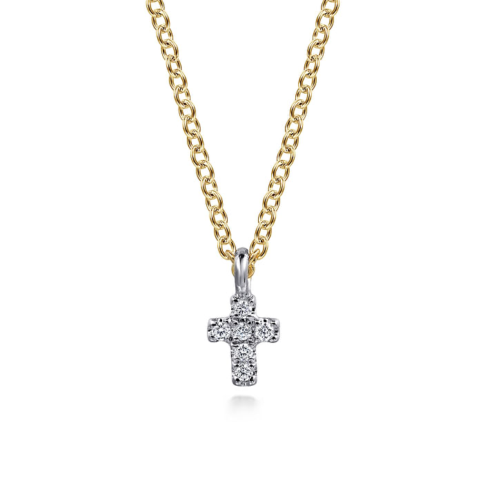 14K White and Yellow Gold Mini Diamond Cross Necklace