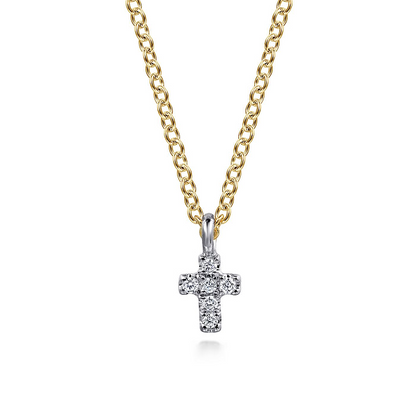 14K White and Yellow Gold Mini Diamond Cross Necklace