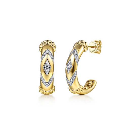 14K Yellow Gold Bujukan and Diamond Chevron J Hoop Earrings