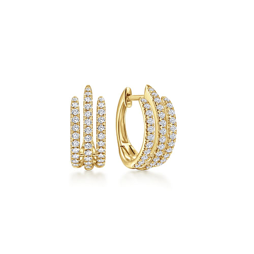 14K Yellow Gold Triple Row Diamond Huggies