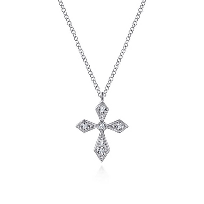 Vintage Inspired 14K White Gold Pointed Diamond Cross Pendant Necklace