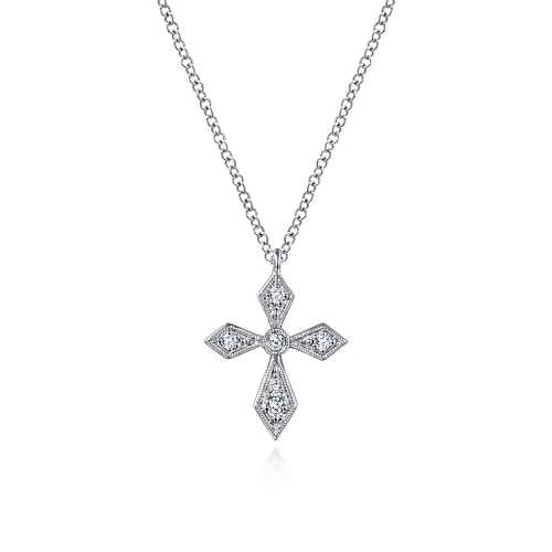 Vintage Inspired 14K White Gold Pointed Diamond Cross Pendant Necklace