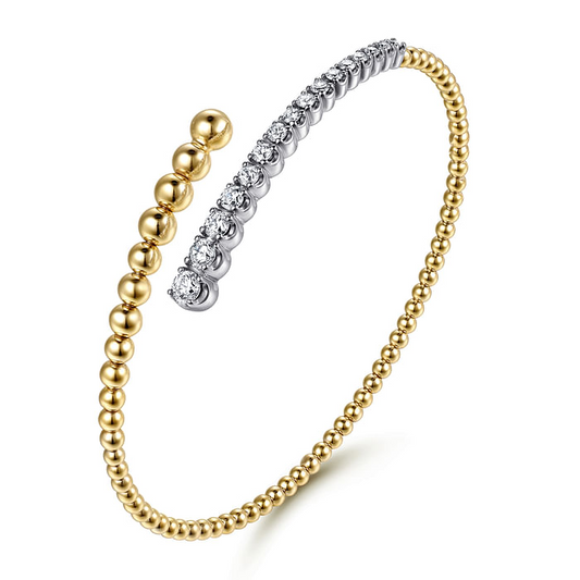 14K White and Yellow Gold Bujukan and Graduating Diamond Bypass Bangle Bracelet