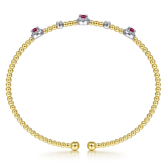 14K White-Yellow Gold Bujukan Bead Cuff Bracelet with Ruby and Diamond Halo Stations