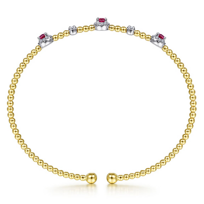 14K White-Yellow Gold Bujukan Bead Cuff Bracelet with Ruby and Diamond Halo Stations