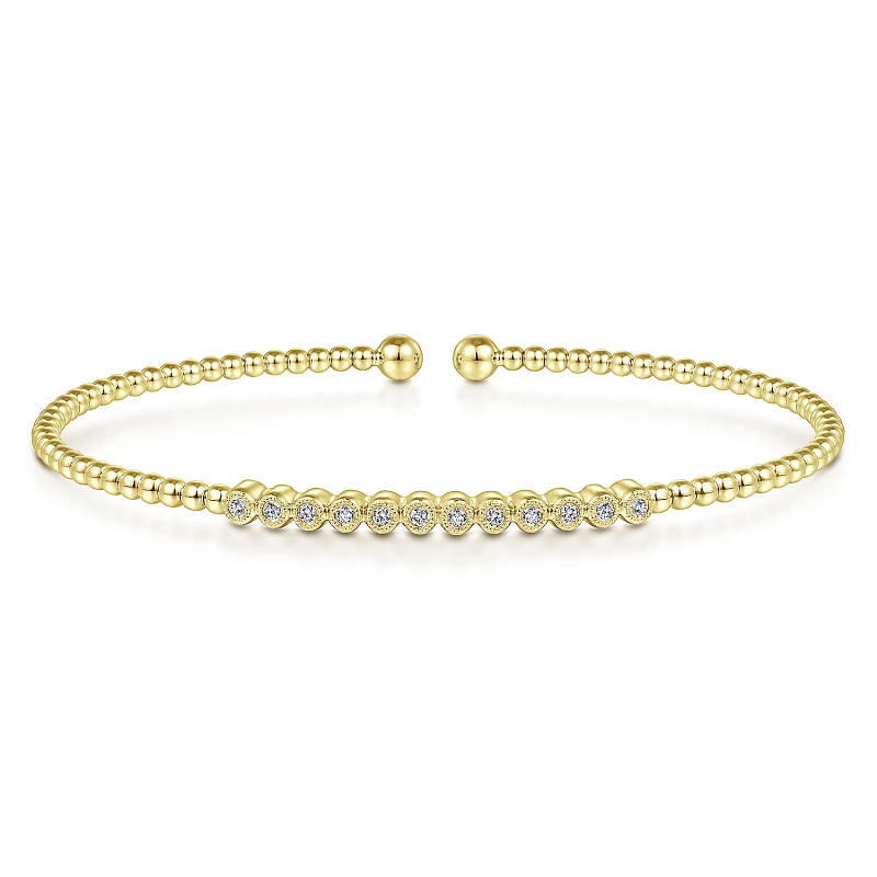 Gabriel & Co | 14K Yellow Gold Bujukan Bead Cuff Bracelet with Bezel Set Diamond Stations