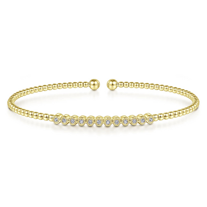 Gabriel & Co | 14K Yellow Gold Bujukan Bead Cuff Bracelet with Bezel Set Diamond Stations