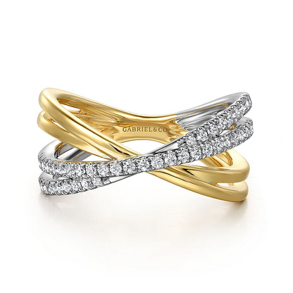 14K White and Yellow Gold Diamond Criss Cross Ladies Ring