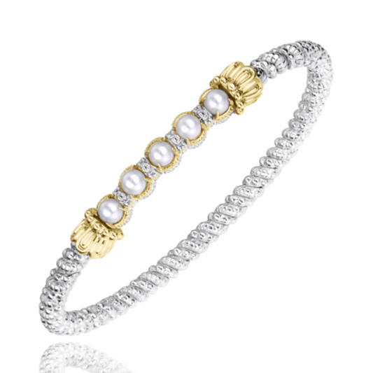 14K Yellow Gold and Sterling Silver Diamond Pearl Bangle Bracelet