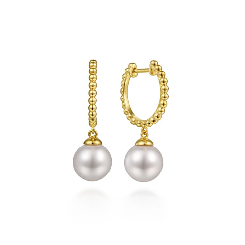 14K Yellow Gold Bujukan Pearl Huggie Drop Earrings