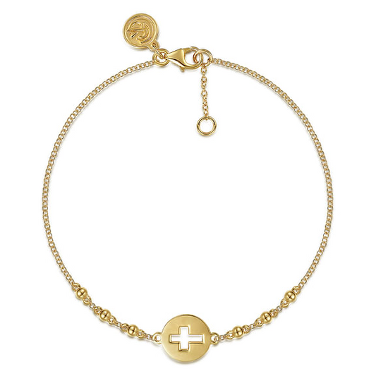 14K Yellow Gold Chain Bracelet with Cutout Cross Disc