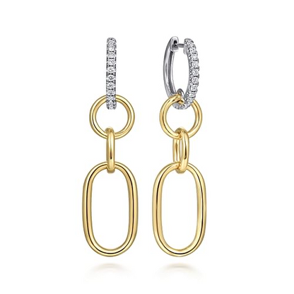 14K White and Yellow Gold Diamond Hollow Tube Huggie Drop Earrings
