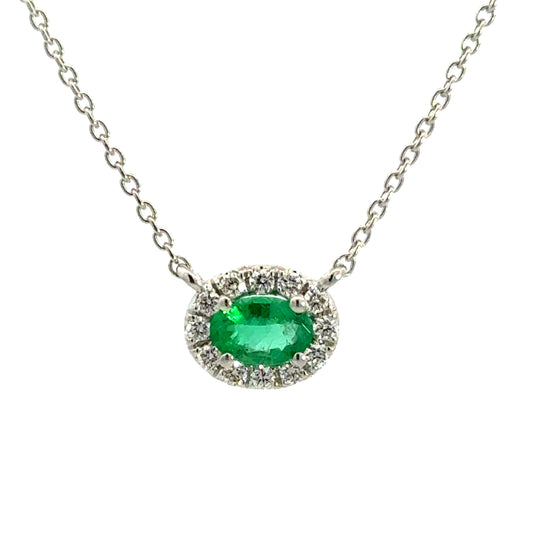 Diamond Halo and Emerald Pendant Necklace