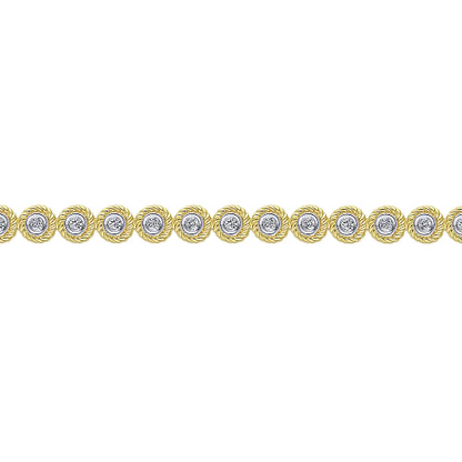 Gabriel & Co | 14K Yellow Gold Bezel Set Diamond Tennis Bracelet with Twisted Rope Frame