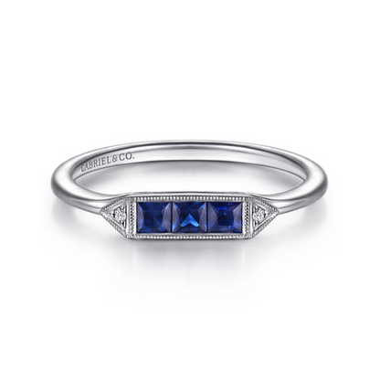 14K White Gold Diamond and Trio Princess Cut Sapphire Ladies Ring