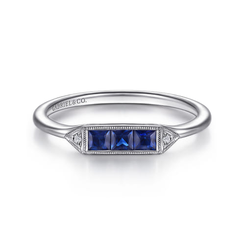 14K White Gold Diamond and Trio Princess Cut Sapphire Ladies Ring