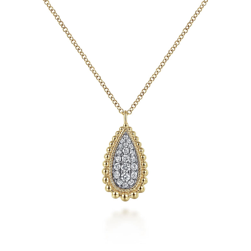 14K Yellow Gold Bujukan Pave Diamond Teardrop Pendant Necklace